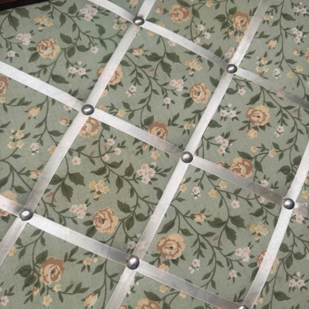 Vintage Floral Fabric Memory Board Sage Green Ribbon French Bulletin Board 16x16